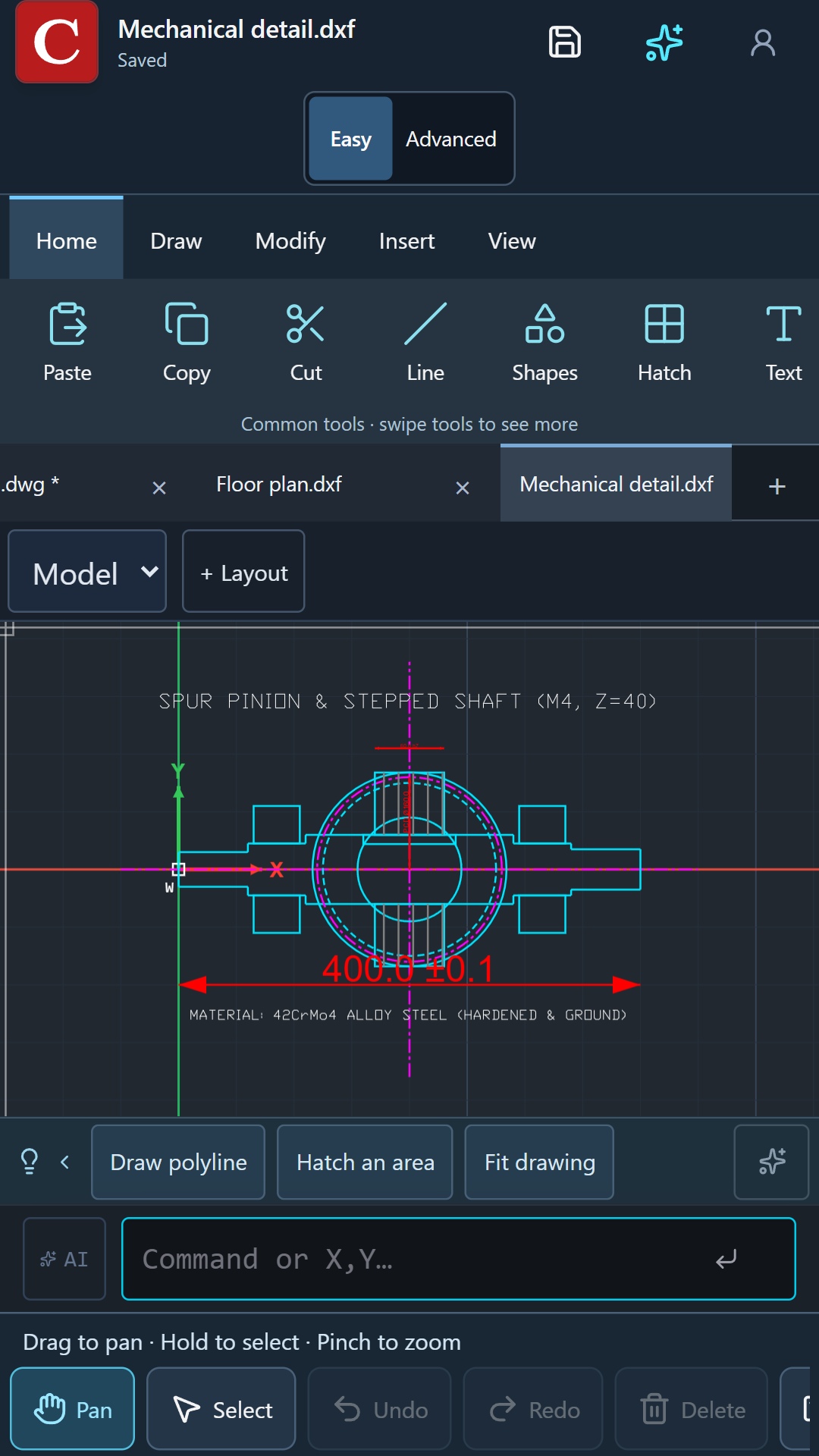 CadFreely phone workspace with a mechanical sample drawing and touch controls