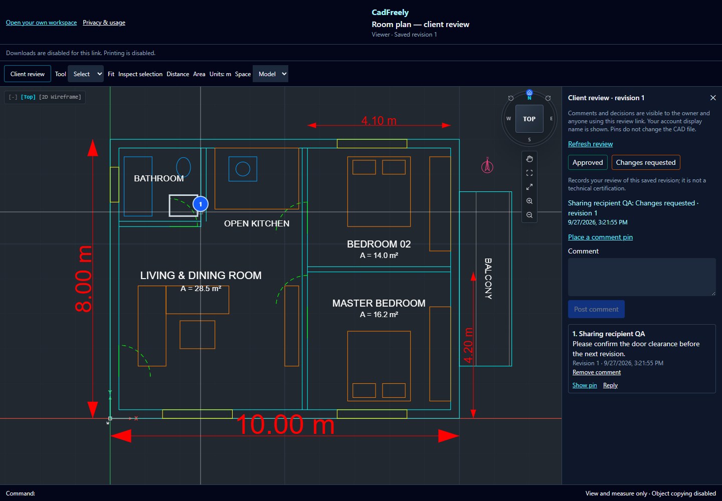 Real CadFreely CAD viewer with a measured sample plan and client review panel